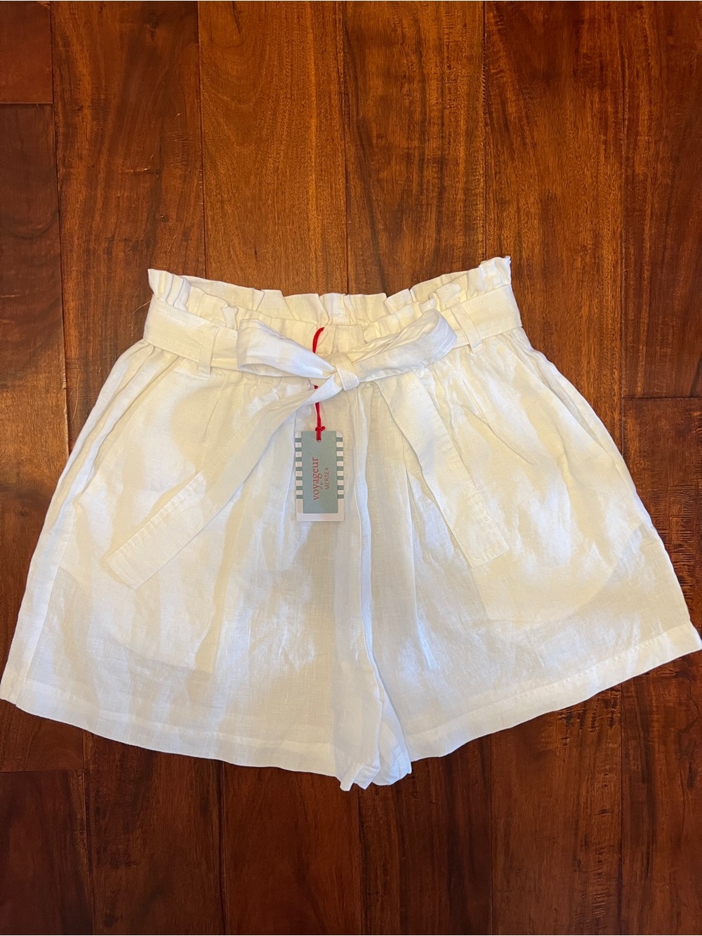 High-Waisted White Paperbag Linen Shorts with Tie Waist